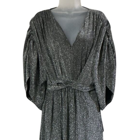 Ellos Metallic Silver Glitter Maxi Dress Kimono Sleeve Belted V Neck 1X 22/24 - Picture 3 of 9